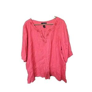 Saint Tropez West Womens Top size 3X Pink Salmon Embroidery Tunic Linen Blouse.